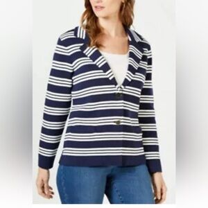 Charter Club Women's Long Sleeve Knit  Blazer Navy Striped Size Medium NWT